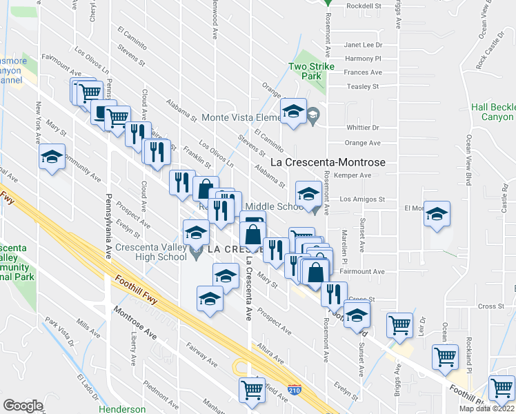 map of restaurants, bars, coffee shops, grocery stores, and more near 2754 Franklin Street in La Crescenta-Montrose