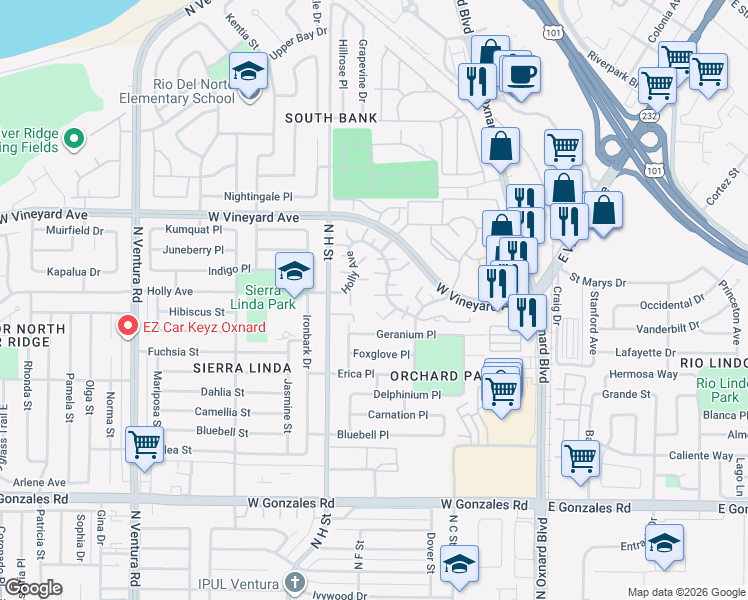 map of restaurants, bars, coffee shops, grocery stores, and more near 550 Holly Avenue in Oxnard