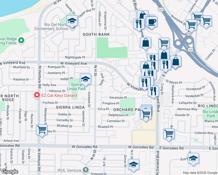 map of restaurants, bars, coffee shops, grocery stores, and more near 550 Holly Avenue in Oxnard