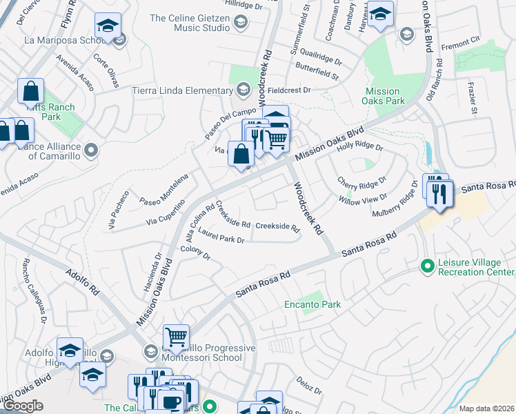 map of restaurants, bars, coffee shops, grocery stores, and more near 5255 Villa Mallorca Place in Camarillo