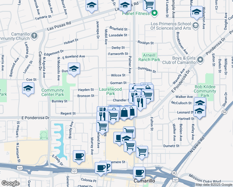 map of restaurants, bars, coffee shops, grocery stores, and more near 936 Belmont Street in Camarillo