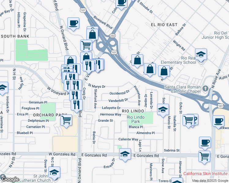 map of restaurants, bars, coffee shops, grocery stores, and more near 285 Saint Marys Drive in Oxnard