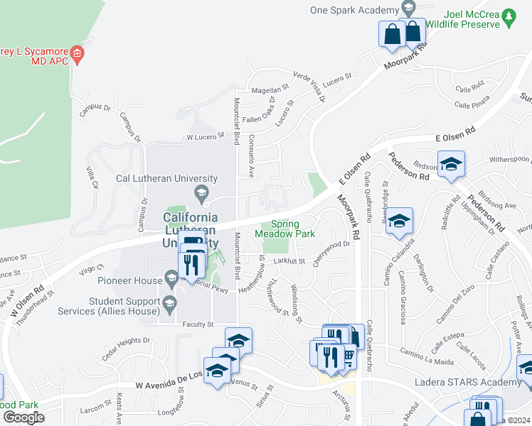 map of restaurants, bars, coffee shops, grocery stores, and more near 73 McAfee Court in Thousand Oaks