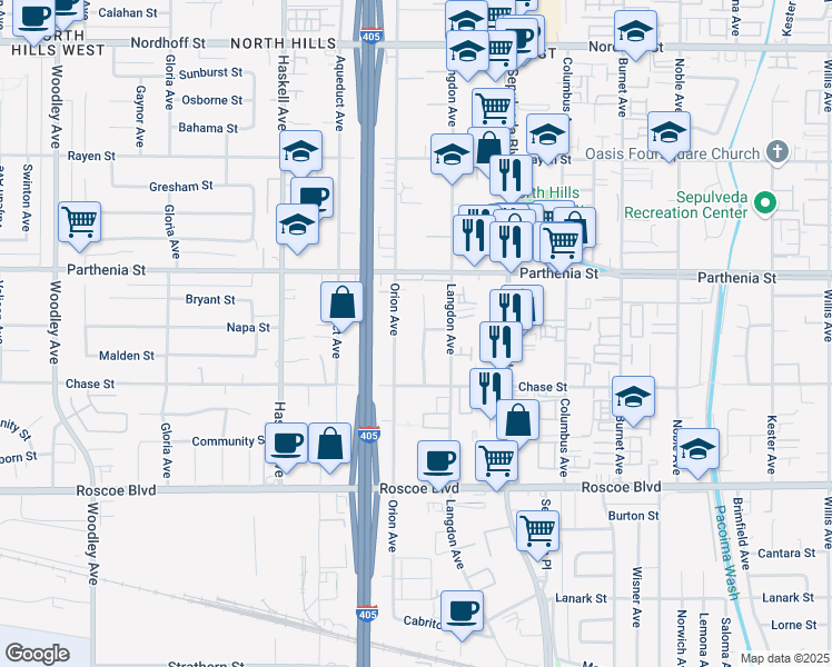 map of restaurants, bars, coffee shops, grocery stores, and more near 8561 Marklein Avenue in Los Angeles