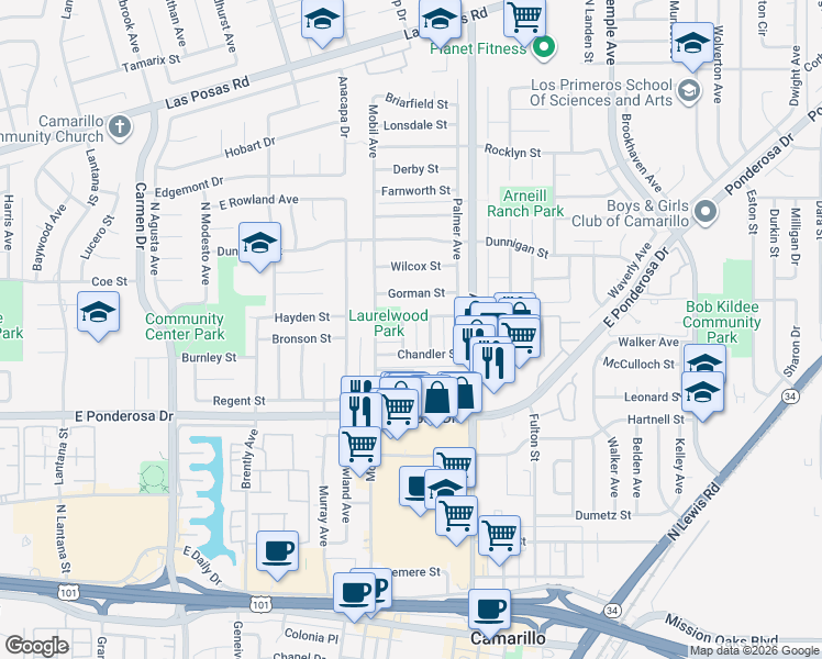 map of restaurants, bars, coffee shops, grocery stores, and more near 2159 Ascot Place in Camarillo