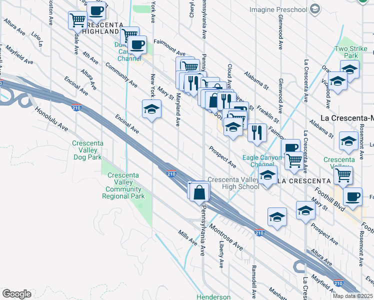 map of restaurants, bars, coffee shops, grocery stores, and more near 3239 Altura Avenue in Glendale