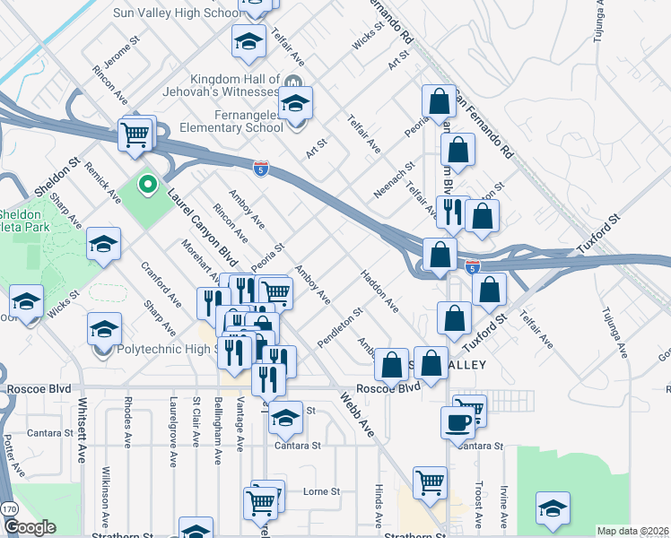 map of restaurants, bars, coffee shops, grocery stores, and more near 11976 Neenach Street in Los Angeles