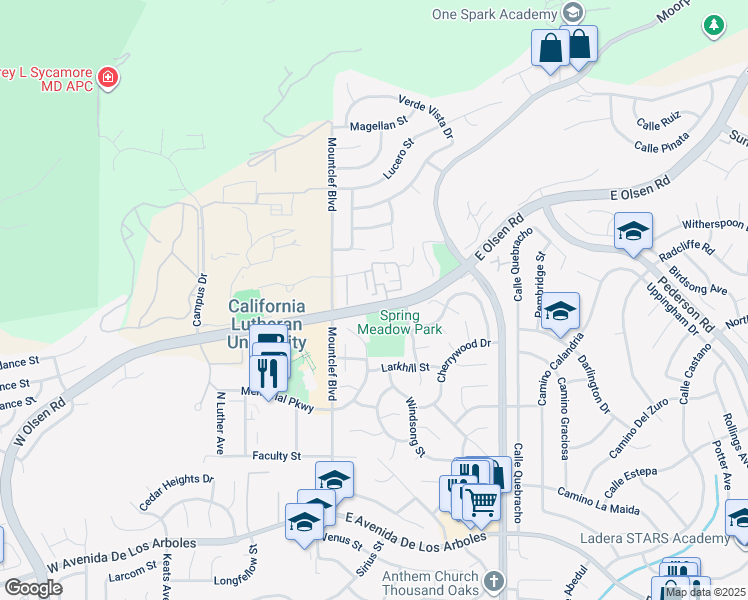 map of restaurants, bars, coffee shops, grocery stores, and more near 73 McAfee Court in Thousand Oaks