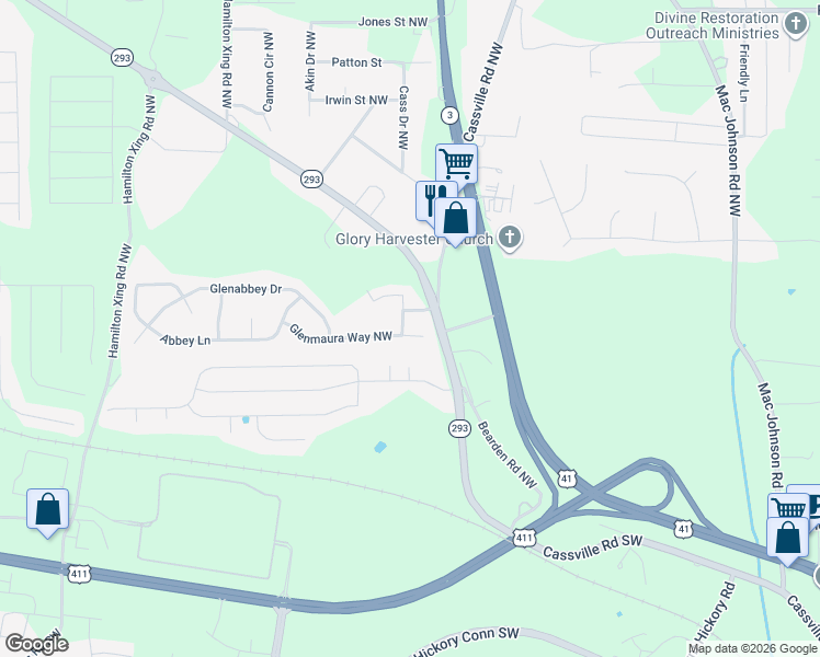 map of restaurants, bars, coffee shops, grocery stores, and more near 16 Glenmaura Way Northwest in Cartersville