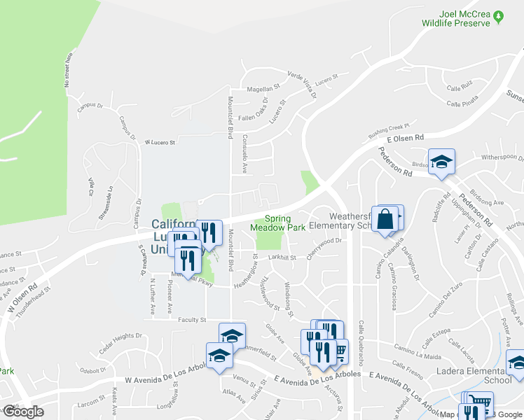 map of restaurants, bars, coffee shops, grocery stores, and more near 81 McAfee Court in Thousand Oaks