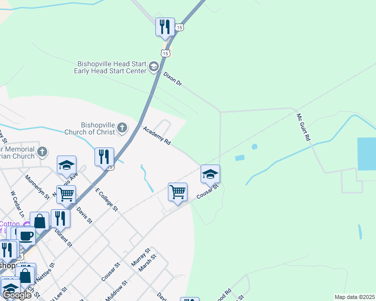 map of restaurants, bars, coffee shops, grocery stores, and more near 227 Academy Road in Bishopville