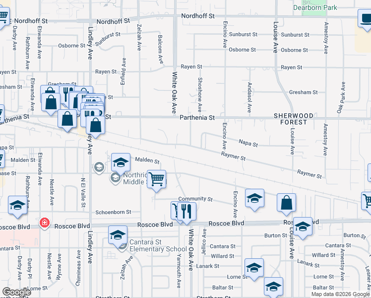 map of restaurants, bars, coffee shops, grocery stores, and more near 17646 Raymer Street in Los Angeles