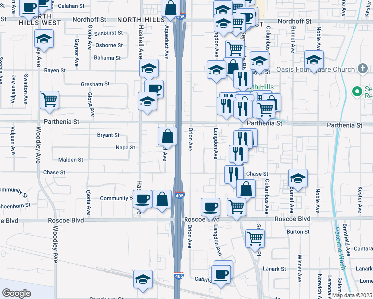 map of restaurants, bars, coffee shops, grocery stores, and more near 8561 Orion Avenue in Los Angeles