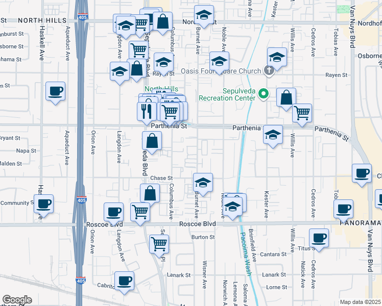 map of restaurants, bars, coffee shops, grocery stores, and more near 8601 Burnet Avenue in Los Angeles