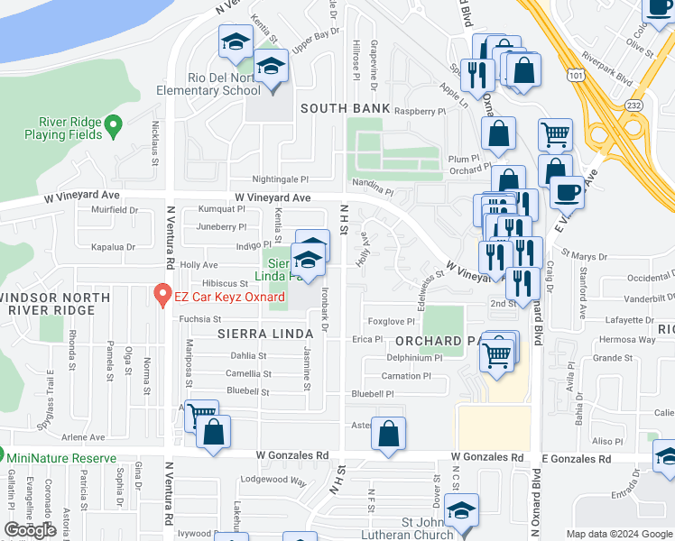 map of restaurants, bars, coffee shops, grocery stores, and more near 2241 North H Street in Oxnard