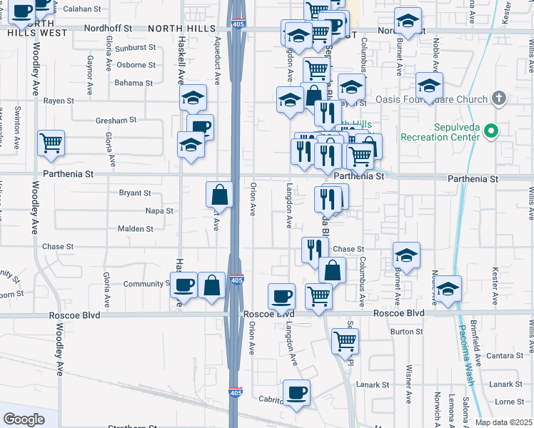 map of restaurants, bars, coffee shops, grocery stores, and more near 8561 Marklein Avenue in Los Angeles