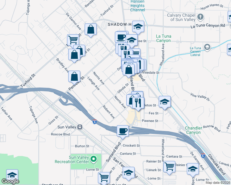 map of restaurants, bars, coffee shops, grocery stores, and more near 10887 Olinda Street in Los Angeles