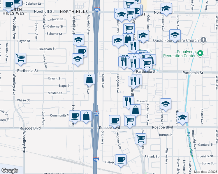map of restaurants, bars, coffee shops, grocery stores, and more near 8617 Marklein Avenue in Los Angeles