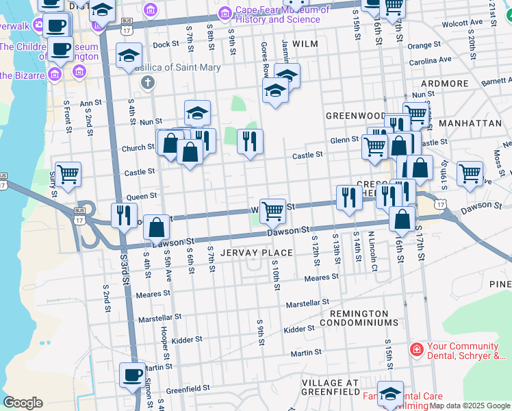map of restaurants, bars, coffee shops, grocery stores, and more near 703 South 9th Street in Wilmington