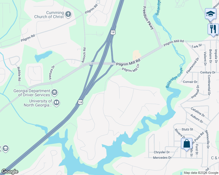 map of restaurants, bars, coffee shops, grocery stores, and more near 1825 Pilgrim Mill Circle in Cumming