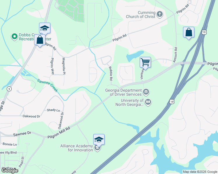 map of restaurants, bars, coffee shops, grocery stores, and more near 1209 Bronze Oak Way in Cumming