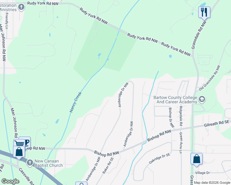 map of restaurants, bars, coffee shops, grocery stores, and more near 54 Country Meadow Way in Cartersville