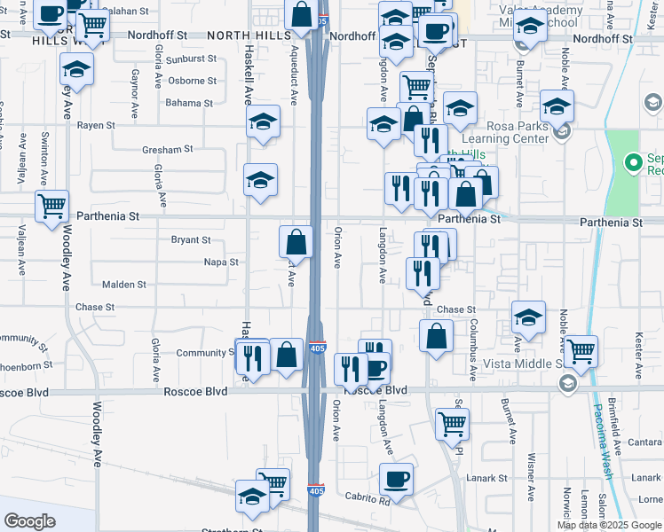 map of restaurants, bars, coffee shops, grocery stores, and more near 8561 Orion Avenue in Los Angeles