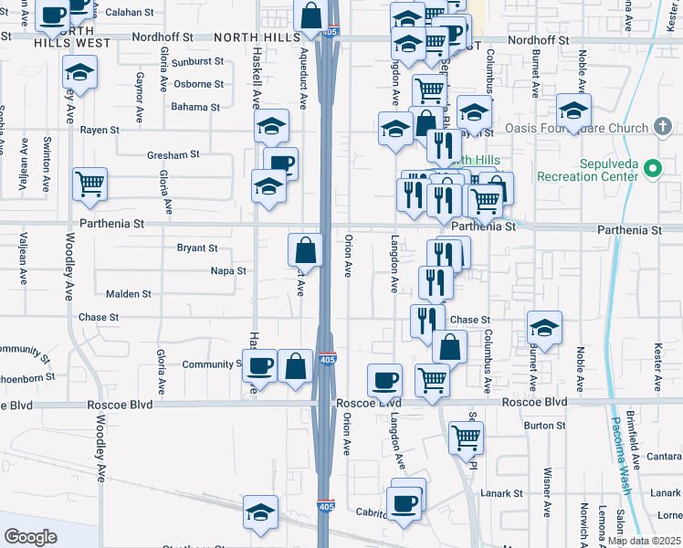 map of restaurants, bars, coffee shops, grocery stores, and more near 8561 Orion Avenue in Los Angeles
