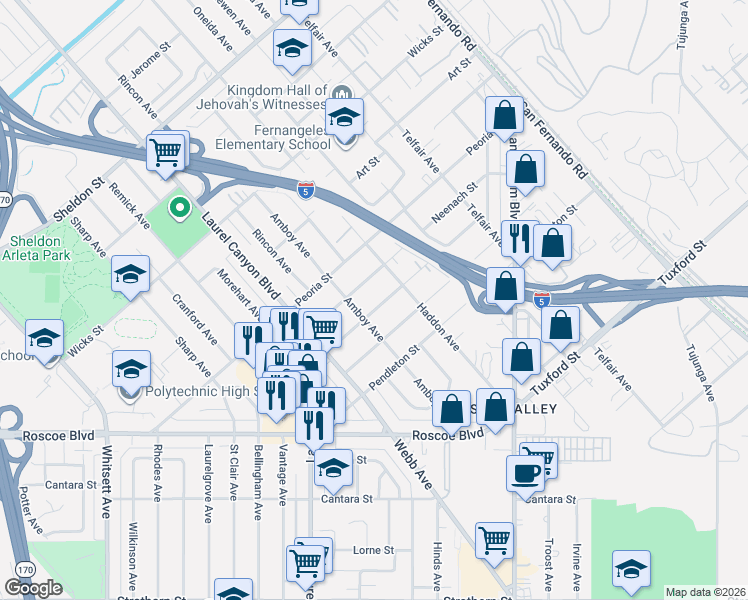 map of restaurants, bars, coffee shops, grocery stores, and more near 11967 Redbank Street in Los Angeles