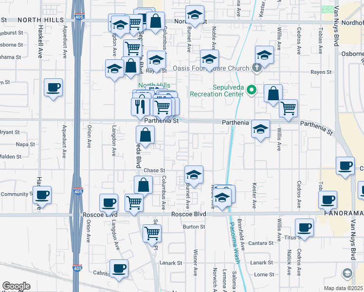 map of restaurants, bars, coffee shops, grocery stores, and more near 8601 Burnet Avenue in Los Angeles