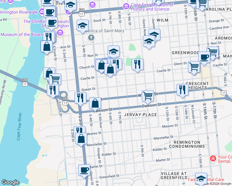 map of restaurants, bars, coffee shops, grocery stores, and more near 714 South 7th Street in Wilmington