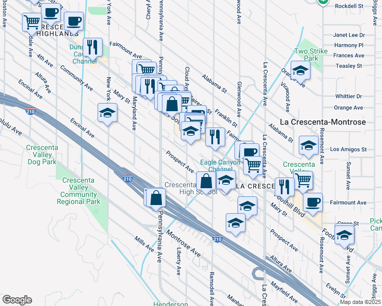 map of restaurants, bars, coffee shops, grocery stores, and more near 3055 Community Avenue in La Crescenta-Montrose