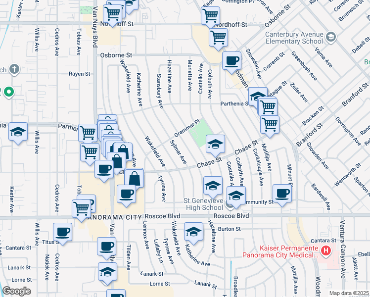 map of restaurants, bars, coffee shops, grocery stores, and more near 8607 Stansbury Avenue in Los Angeles