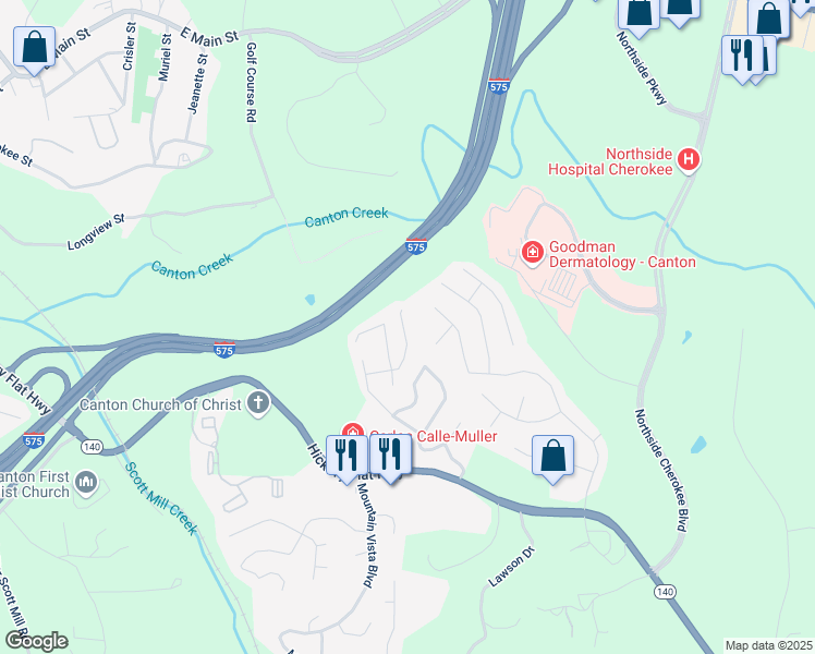 map of restaurants, bars, coffee shops, grocery stores, and more near 424 Hillcrest Cmns in Canton