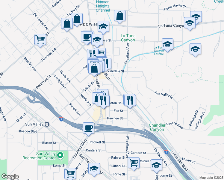 map of restaurants, bars, coffee shops, grocery stores, and more near 10707 New Haven Street in Los Angeles