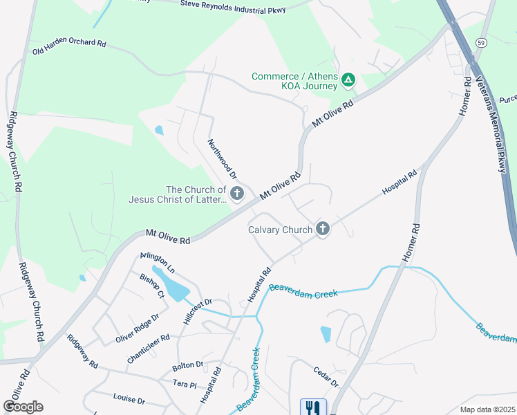 map of restaurants, bars, coffee shops, grocery stores, and more near 35 Northwood Drive in Commerce
