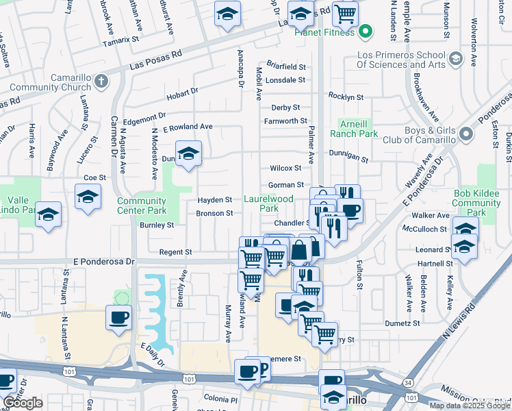 map of restaurants, bars, coffee shops, grocery stores, and more near 941 Mobil Avenue in Camarillo