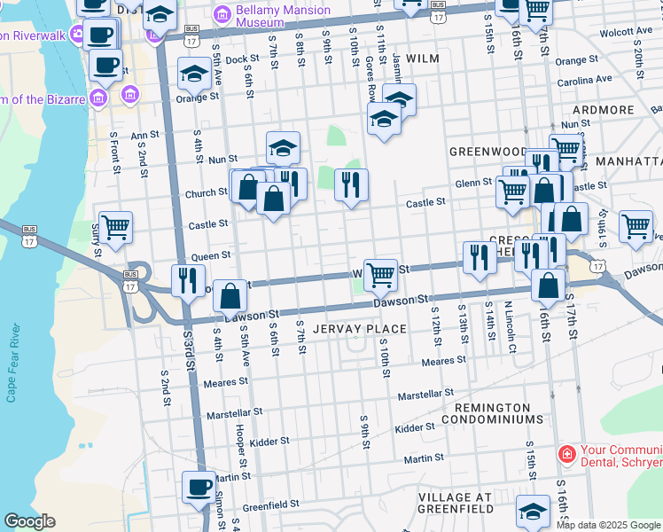map of restaurants, bars, coffee shops, grocery stores, and more near 806 Russell Alley in Wilmington