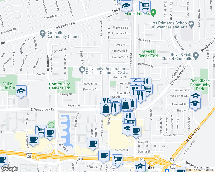 map of restaurants, bars, coffee shops, grocery stores, and more near 941 Mobil Avenue in Camarillo