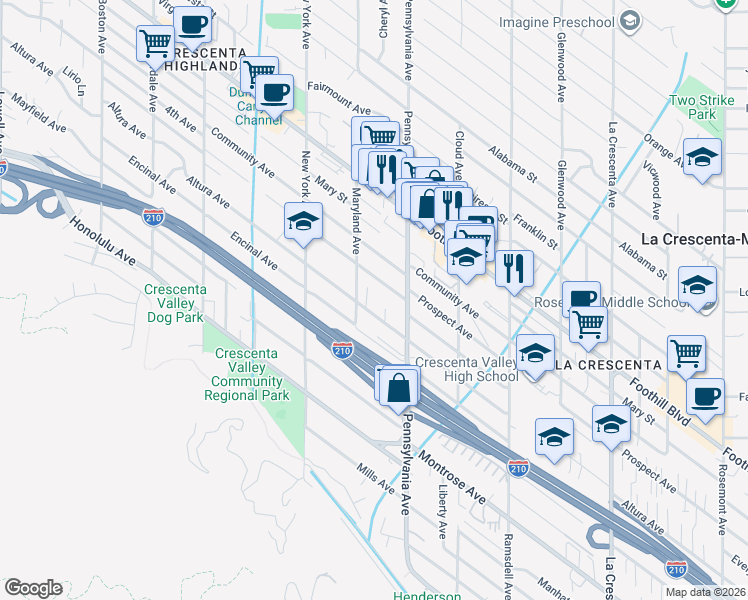 map of restaurants, bars, coffee shops, grocery stores, and more near 3239 Altura Avenue in Glendale