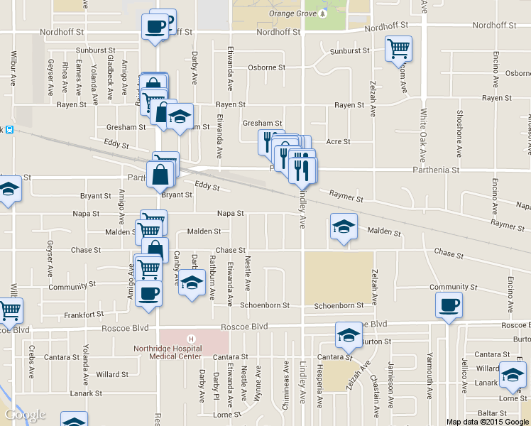map of restaurants, bars, coffee shops, grocery stores, and more near 18201 Napa Street in Los Angeles