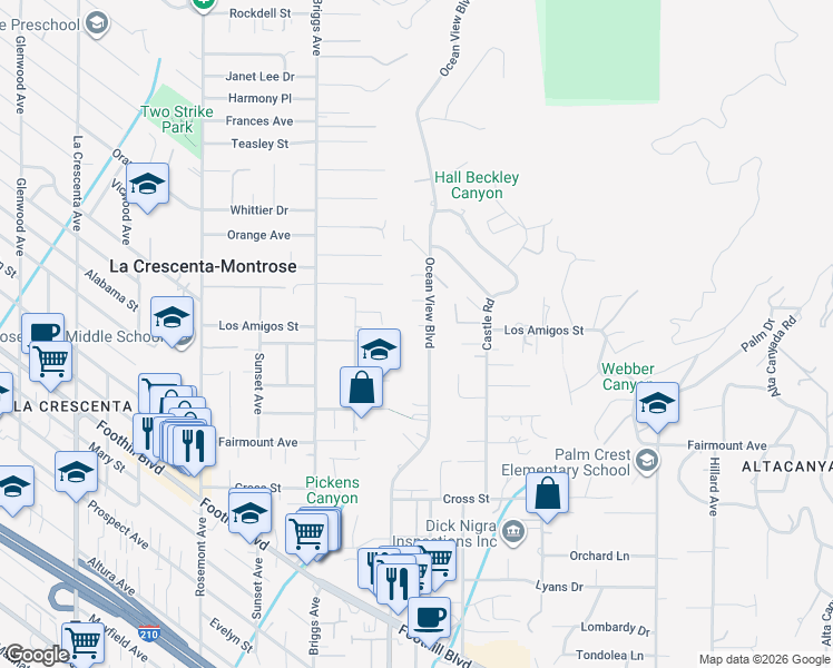 map of restaurants, bars, coffee shops, grocery stores, and more near 2263 Los Amigos Street in La Cañada Flintridge