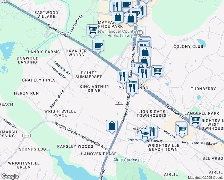 map of restaurants, bars, coffee shops, grocery stores, and more near 1600 Sturdivant Drive in Wilmington
