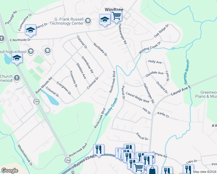 map of restaurants, bars, coffee shops, grocery stores, and more near 101 Pinebark Lane in Greenwood