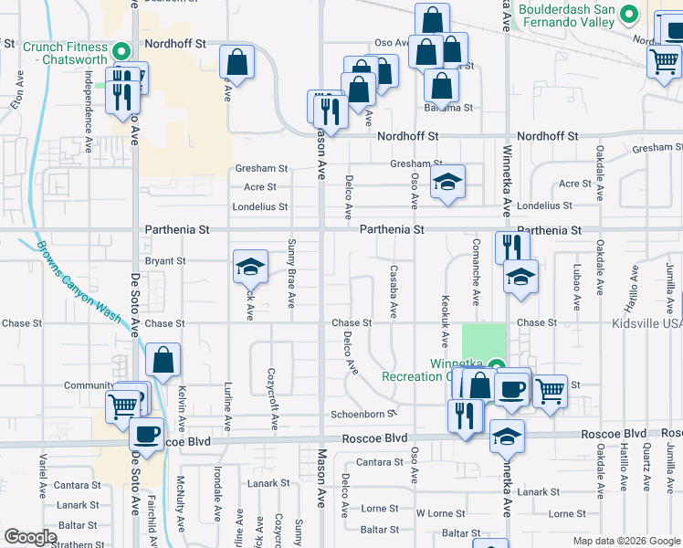 map of restaurants, bars, coffee shops, grocery stores, and more near 8605 Delco Avenue in Los Angeles