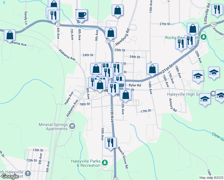 map of restaurants, bars, coffee shops, grocery stores, and more near in Haleyville
