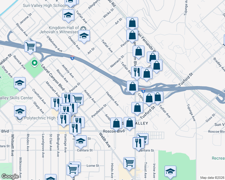 map of restaurants, bars, coffee shops, grocery stores, and more near 11836 Rialto Street in Los Angeles