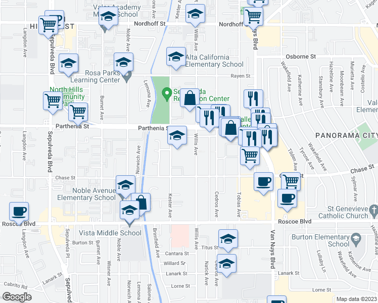 map of restaurants, bars, coffee shops, grocery stores, and more near 8631 Willis Avenue in Los Angeles