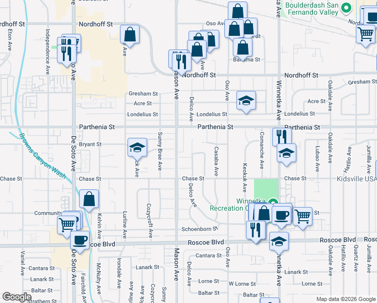 map of restaurants, bars, coffee shops, grocery stores, and more near 8618 Mason Avenue in Los Angeles