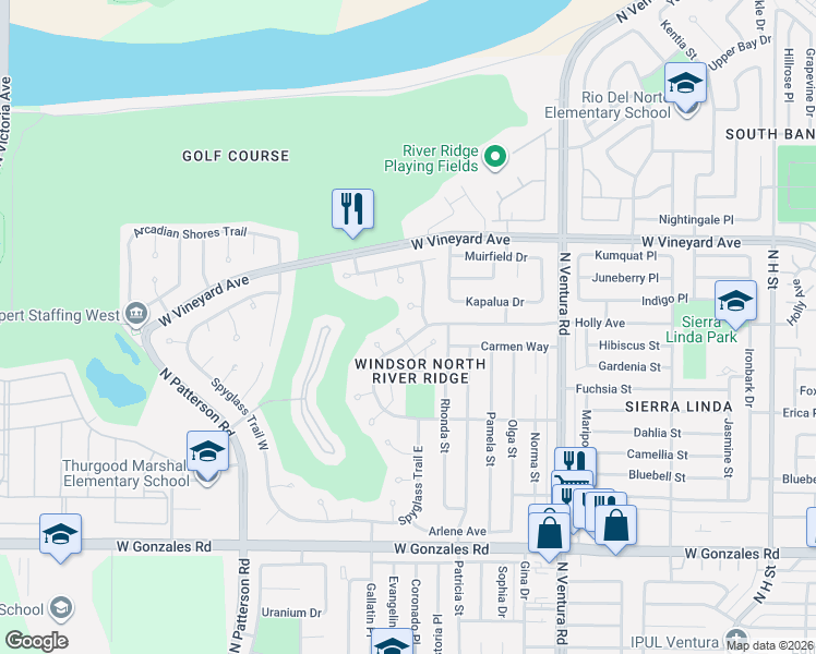 map of restaurants, bars, coffee shops, grocery stores, and more near 2202 Kemper Lakes Court in Oxnard